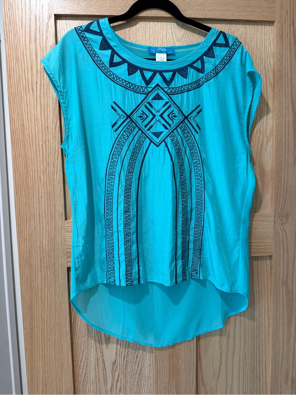Turquoise Embroidered Cap-Sleeve Women's Top